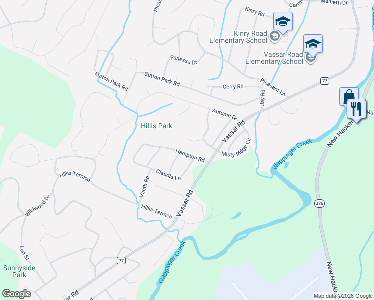 map of restaurants, bars, coffee shops, grocery stores, and more near 12 Hampton Road in Poughkeepsie