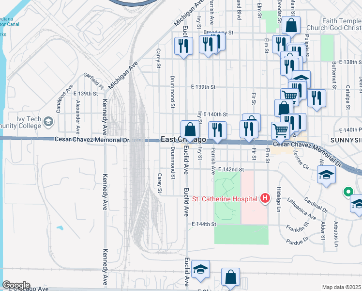 map of restaurants, bars, coffee shops, grocery stores, and more near in East Chicago