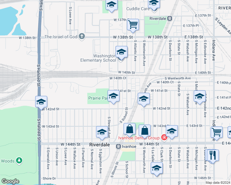 map of restaurants, bars, coffee shops, grocery stores, and more near 14113 South Stewart Avenue in Riverdale