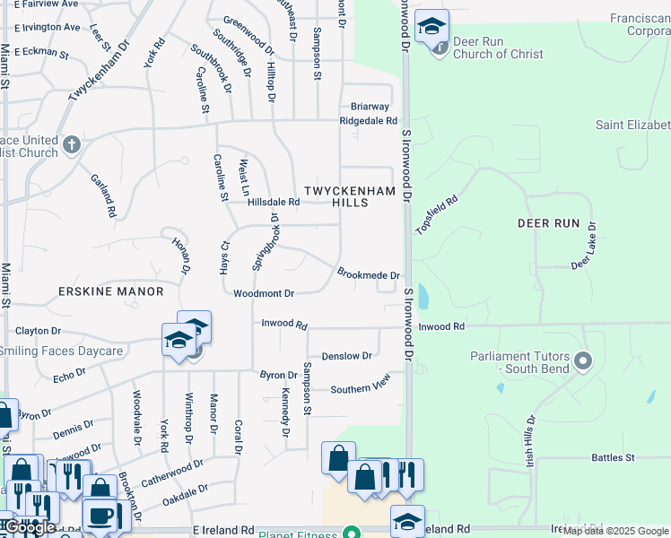 map of restaurants, bars, coffee shops, grocery stores, and more near 1900 Brookmede Drive in South Bend