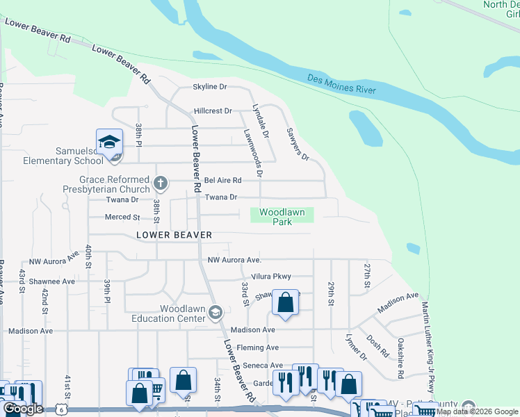 map of restaurants, bars, coffee shops, grocery stores, and more near 3126 Twana Drive in Des Moines