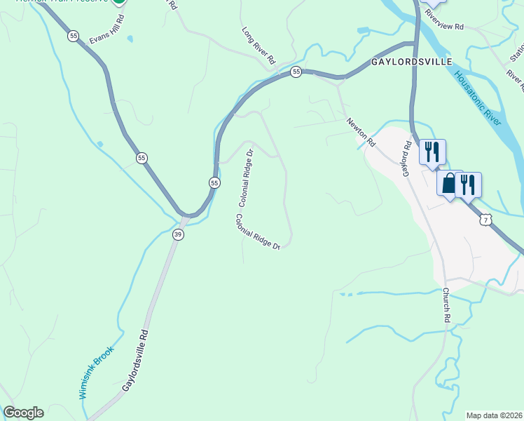 map of restaurants, bars, coffee shops, grocery stores, and more near 50 Colonial Ridge Drive in New Milford