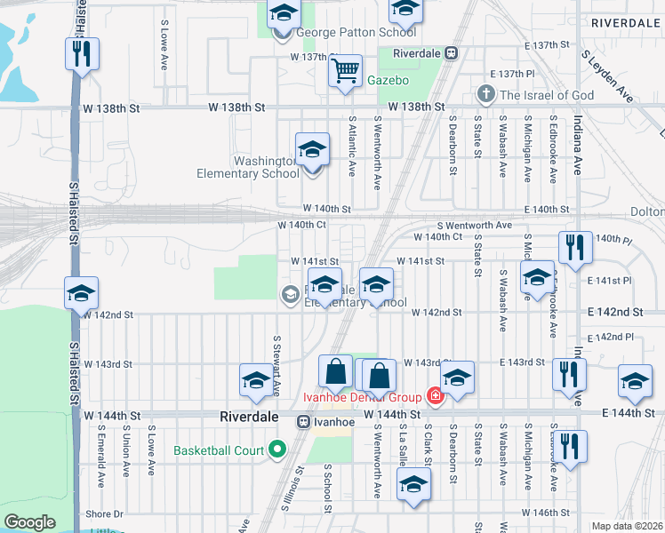 map of restaurants, bars, coffee shops, grocery stores, and more near 14101 South School Street in Riverdale
