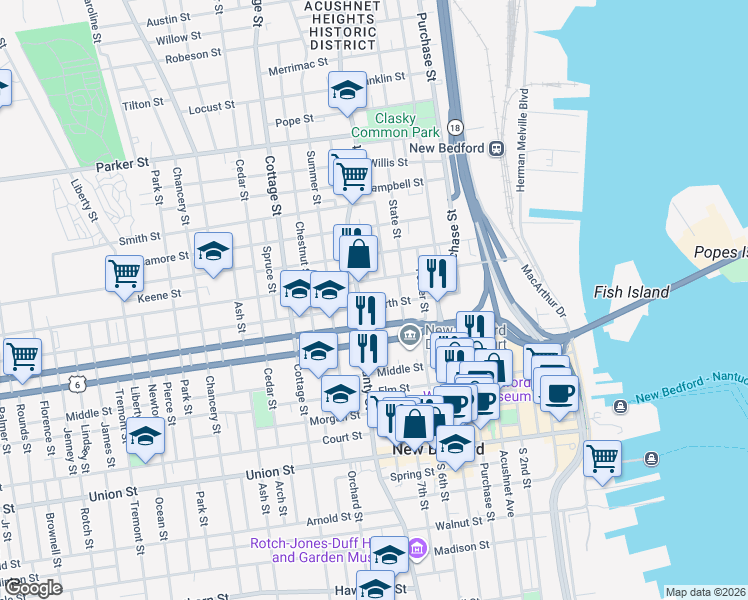 map of restaurants, bars, coffee shops, grocery stores, and more near 84-86 North Street in New Bedford