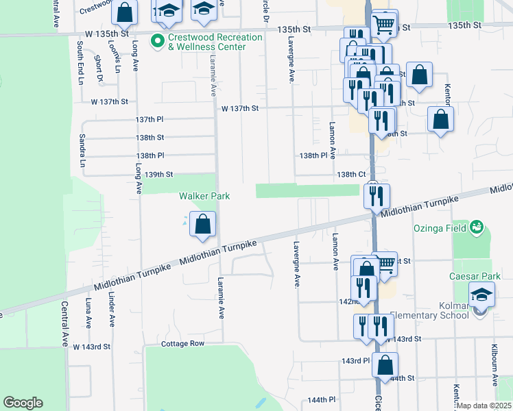 map of restaurants, bars, coffee shops, grocery stores, and more near 13918 East Leamington Drive in Crestwood