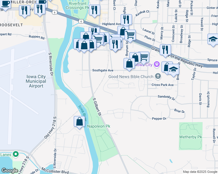 map of restaurants, bars, coffee shops, grocery stores, and more near 116 Carriage Road in Iowa City