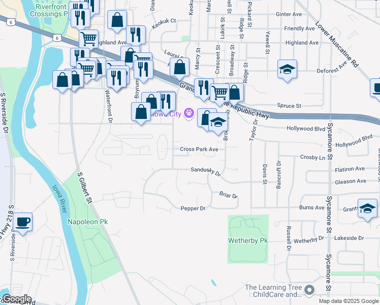 map of restaurants, bars, coffee shops, grocery stores, and more near 815 Cross Park Avenue in Iowa City