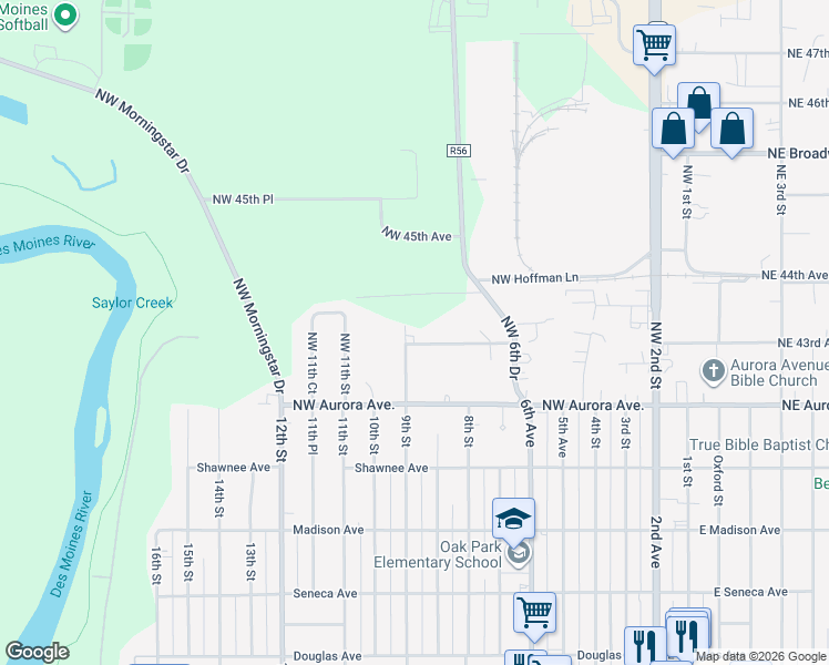 map of restaurants, bars, coffee shops, grocery stores, and more near 885 Northwest 43rd Avenue in Des Moines