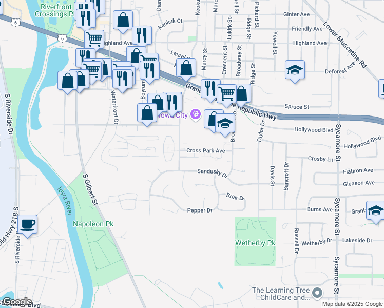map of restaurants, bars, coffee shops, grocery stores, and more near 815 Cross Park Avenue in Iowa City