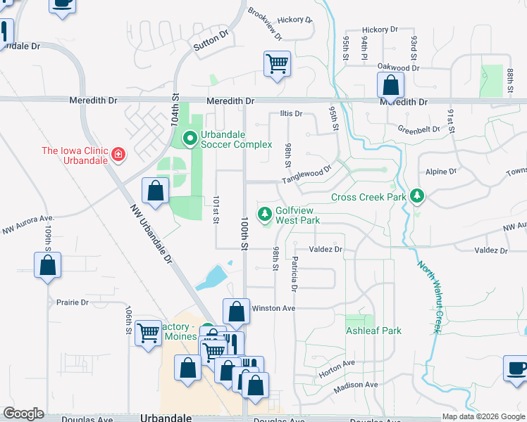map of restaurants, bars, coffee shops, grocery stores, and more near 9936 Hammontree Drive in Urbandale
