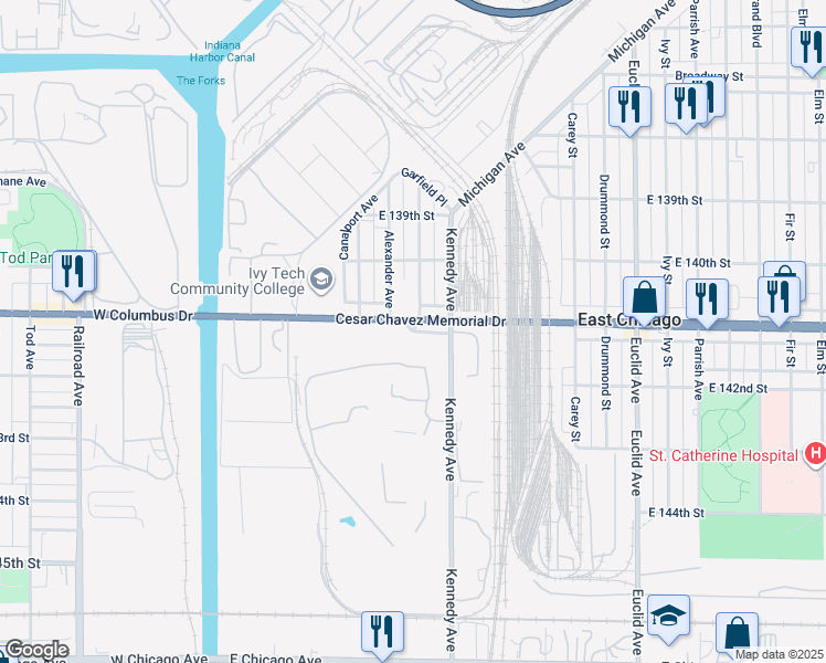 map of restaurants, bars, coffee shops, grocery stores, and more near 4149 Melville Avenue in East Chicago