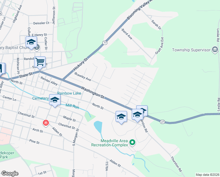 map of restaurants, bars, coffee shops, grocery stores, and more near 830 Brawley Avenue in Meadville