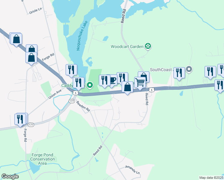 map of restaurants, bars, coffee shops, grocery stores, and more near 876 State Road in Dartmouth