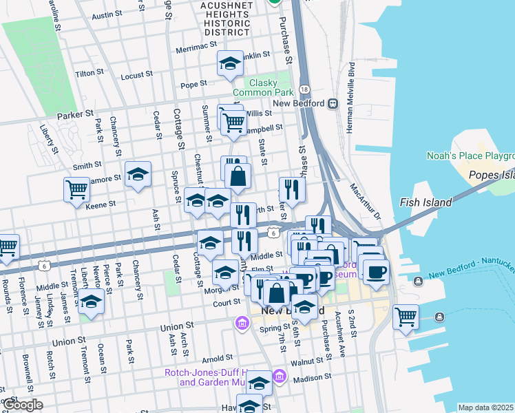 map of restaurants, bars, coffee shops, grocery stores, and more near 84-86 North Street in New Bedford