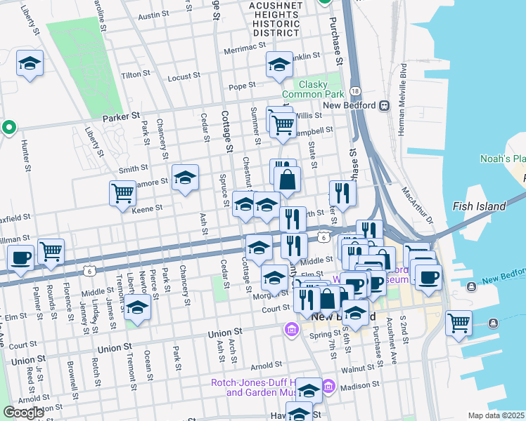 map of restaurants, bars, coffee shops, grocery stores, and more near 123 North Street in New Bedford