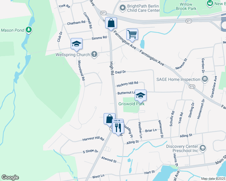 map of restaurants, bars, coffee shops, grocery stores, and more near 328 High Road in Berlin