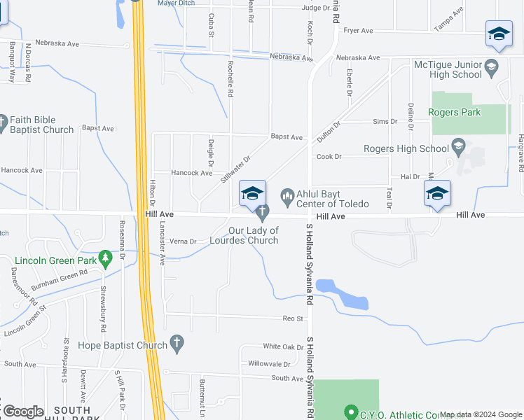 map of restaurants, bars, coffee shops, grocery stores, and more near 6051 Hill Avenue in Toledo