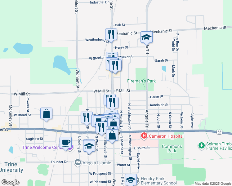 map of restaurants, bars, coffee shops, grocery stores, and more near 300-498 N Wayne St in Angola
