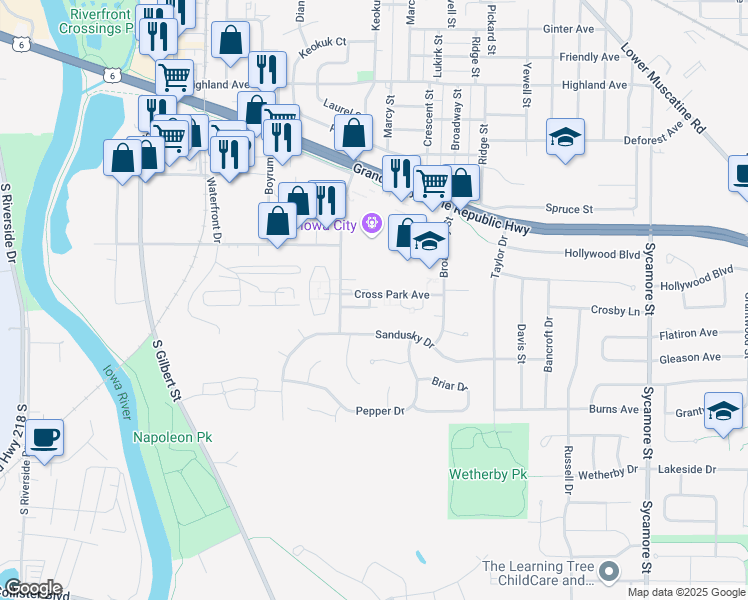 map of restaurants, bars, coffee shops, grocery stores, and more near 815 Cross Park Avenue in Iowa City