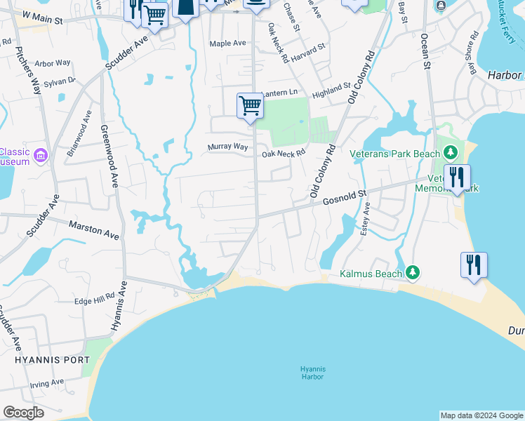 map of restaurants, bars, coffee shops, grocery stores, and more near 284 Gosnold Street in Barnstable