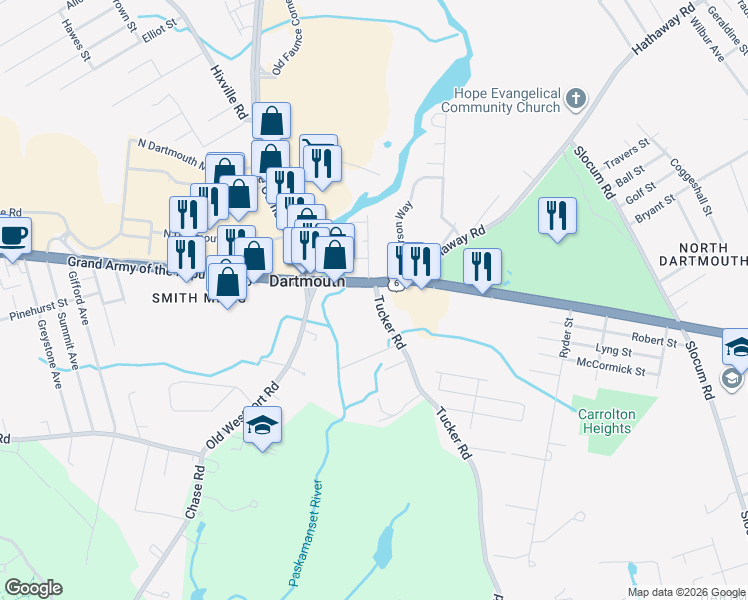 map of restaurants, bars, coffee shops, grocery stores, and more near 1393 Tucker Road in Dartmouth