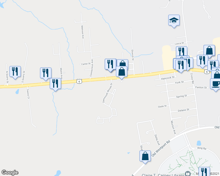 map of restaurants, bars, coffee shops, grocery stores, and more near 1023 Dartmouth Woods Drive in Dartmouth