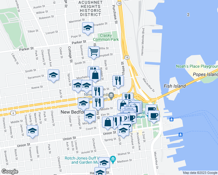 map of restaurants, bars, coffee shops, grocery stores, and more near 50 Hill Street in New Bedford