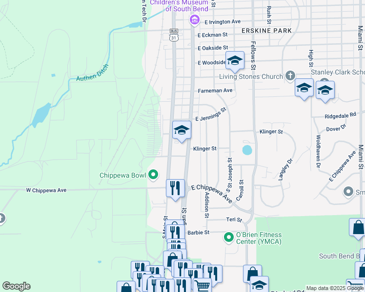 map of restaurants, bars, coffee shops, grocery stores, and more near 3423 South Michigan Street in South Bend