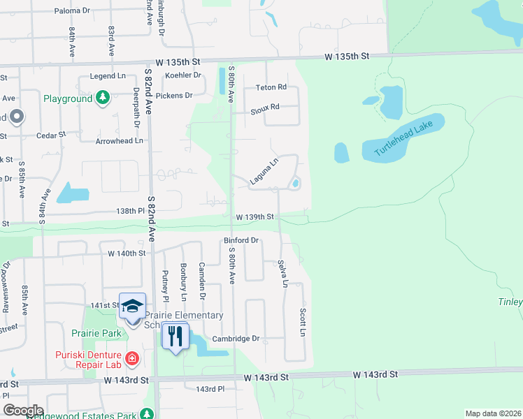 map of restaurants, bars, coffee shops, grocery stores, and more near 7910 139th Street in Orland Park