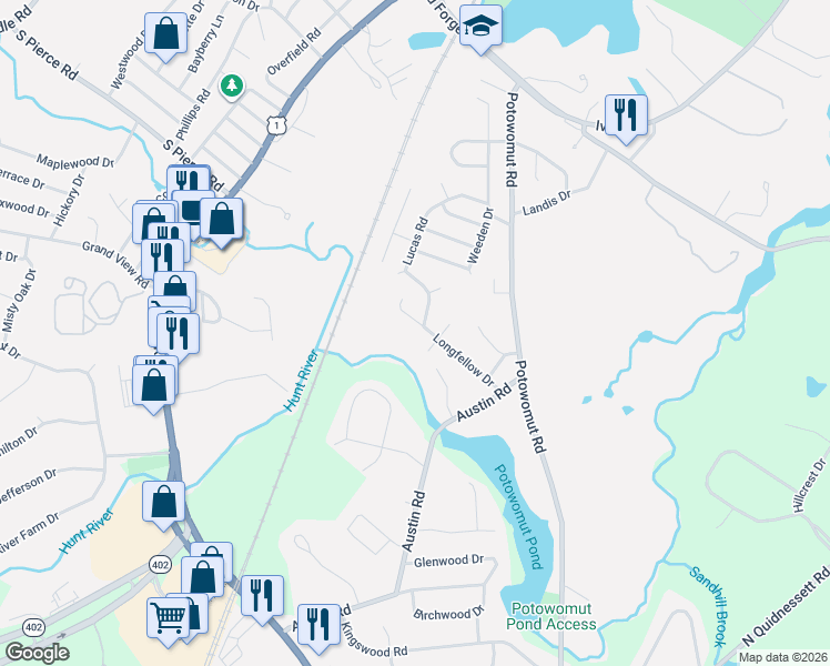map of restaurants, bars, coffee shops, grocery stores, and more near 90 Longfellow Drive in East Greenwich