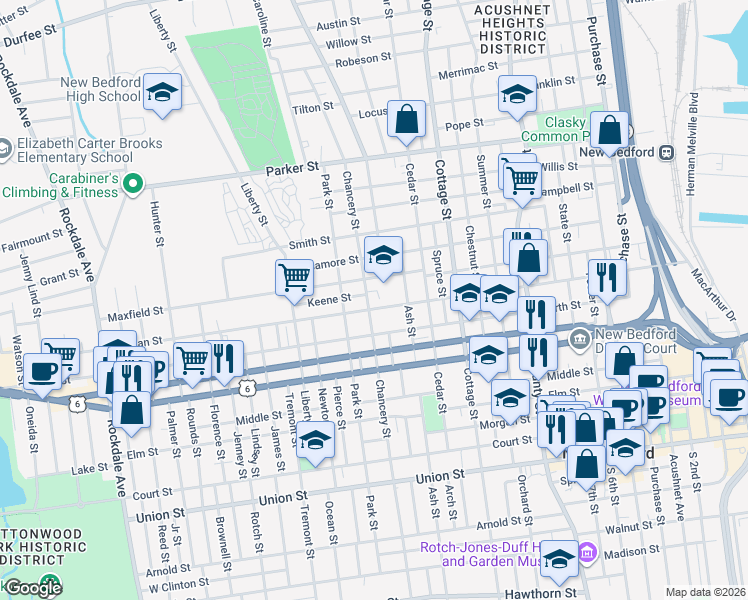 map of restaurants, bars, coffee shops, grocery stores, and more near 181 Hillman Street in New Bedford