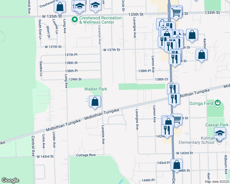 map of restaurants, bars, coffee shops, grocery stores, and more near 13918 East Leamington Drive in Crestwood