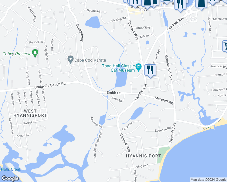 map of restaurants, bars, coffee shops, grocery stores, and more near 98 Smith Street in Barnstable
