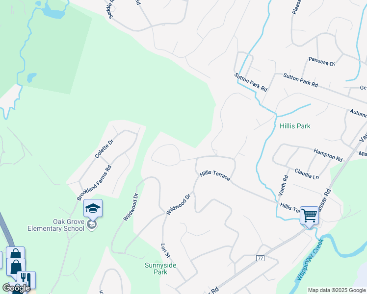 map of restaurants, bars, coffee shops, grocery stores, and more near 105 Hillis Terrace in Poughkeepsie