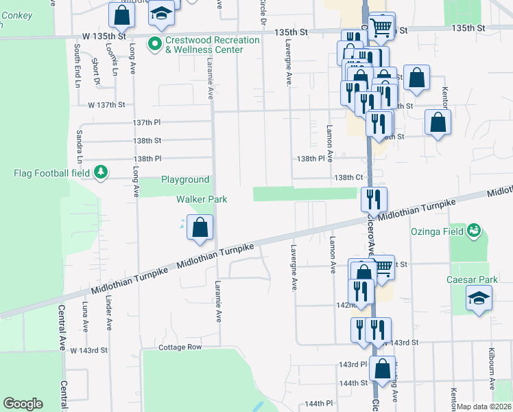 map of restaurants, bars, coffee shops, grocery stores, and more near 13918 East Leamington Drive in Crestwood