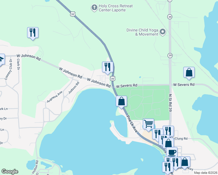 map of restaurants, bars, coffee shops, grocery stores, and more near 242 West Johnson Road in La Porte