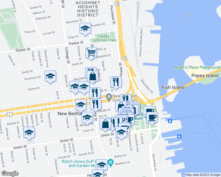 map of restaurants, bars, coffee shops, grocery stores, and more near 47 Foster Street in New Bedford