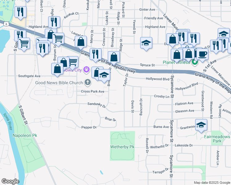 map of restaurants, bars, coffee shops, grocery stores, and more near 2020 Broadway Street in Iowa City