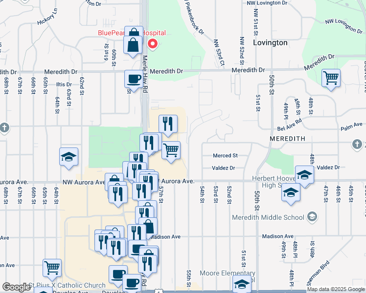 map of restaurants, bars, coffee shops, grocery stores, and more near 5501 Northwest Aurora Avenue in Des Moines