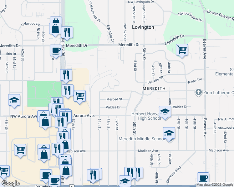 map of restaurants, bars, coffee shops, grocery stores, and more near 5131 Merced Street in Des Moines