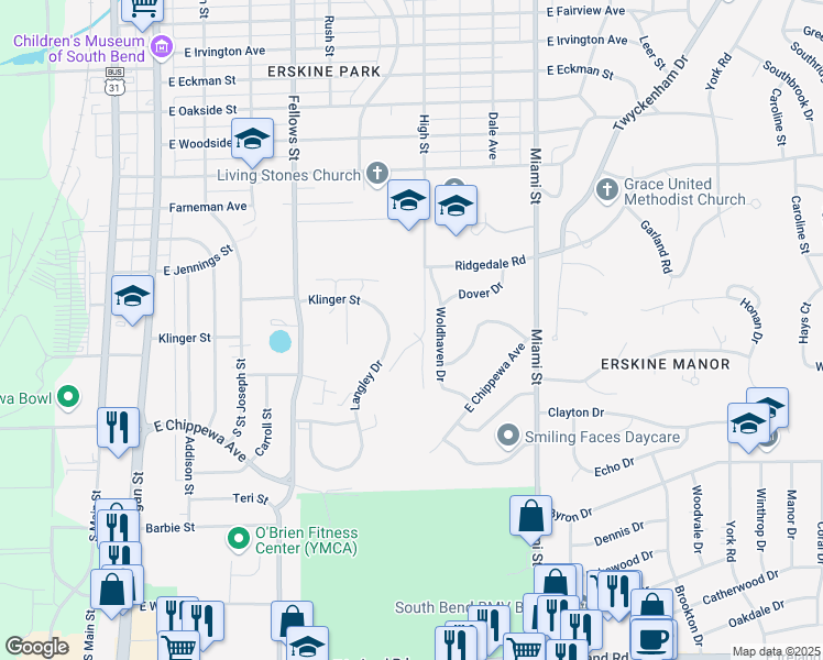map of restaurants, bars, coffee shops, grocery stores, and more near 3608 High Street in South Bend