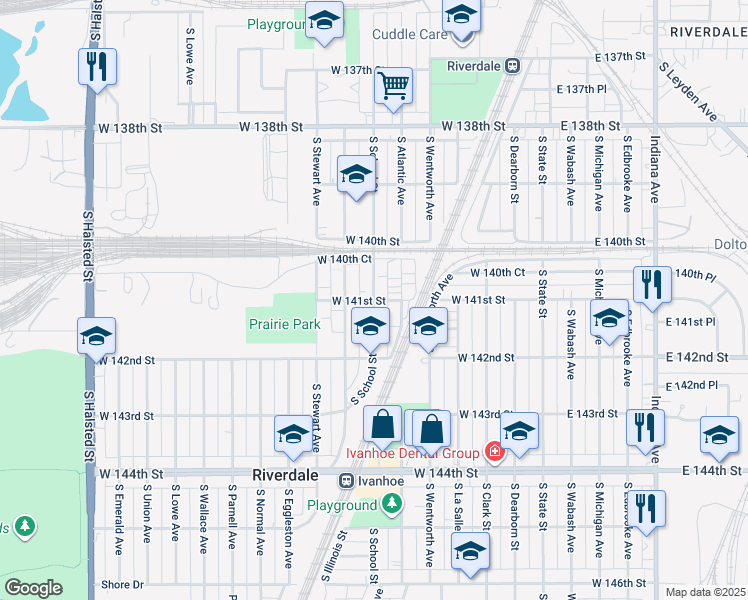map of restaurants, bars, coffee shops, grocery stores, and more near 14099 South School Street in Riverdale