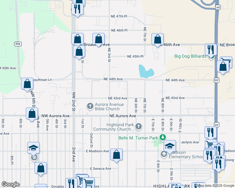map of restaurants, bars, coffee shops, grocery stores, and more near 425 Northeast 43rd Avenue in Des Moines