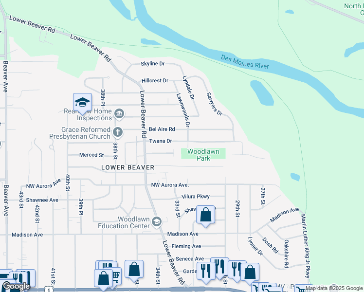 map of restaurants, bars, coffee shops, grocery stores, and more near 3210 Twana Drive in Des Moines