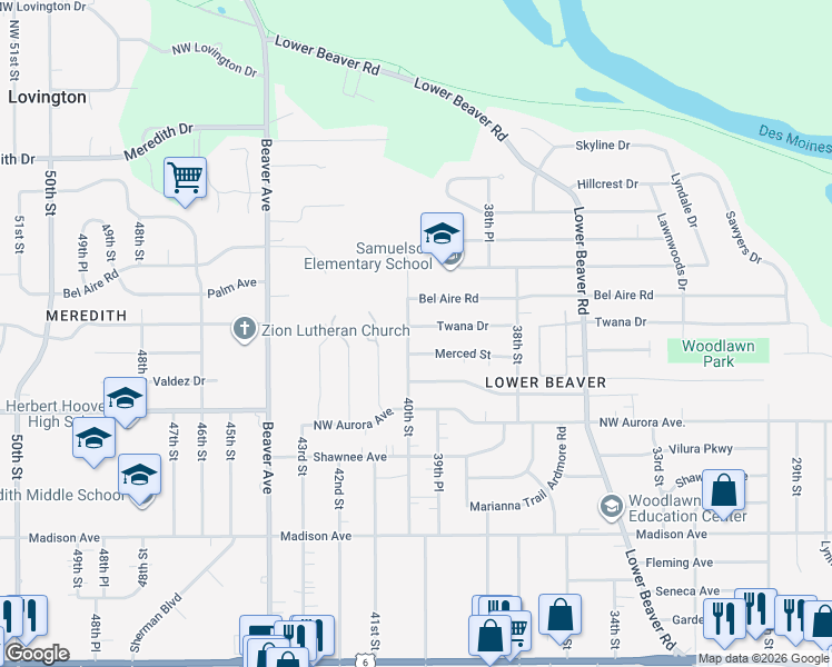 map of restaurants, bars, coffee shops, grocery stores, and more near 3935 Merced Street in Des Moines