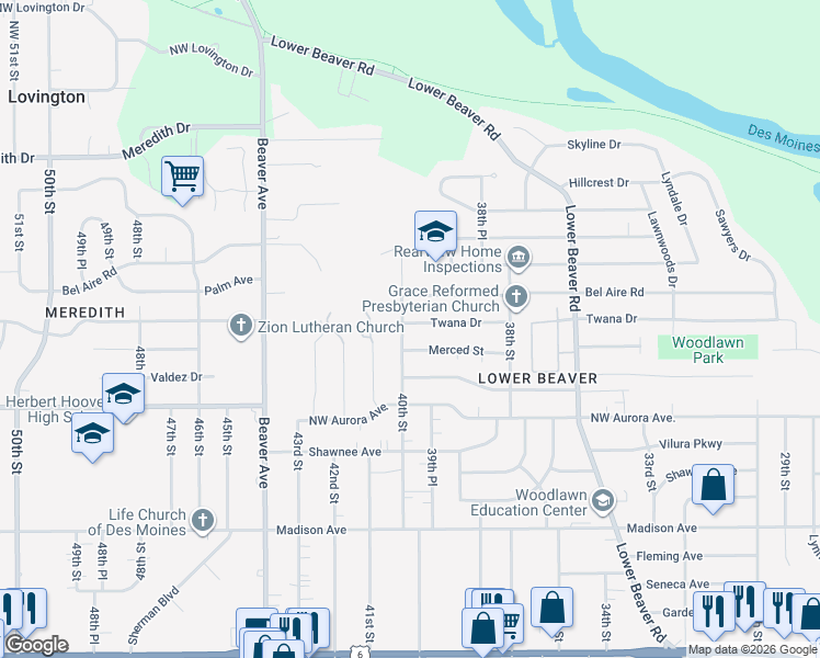 map of restaurants, bars, coffee shops, grocery stores, and more near 3935 Merced Street in Des Moines
