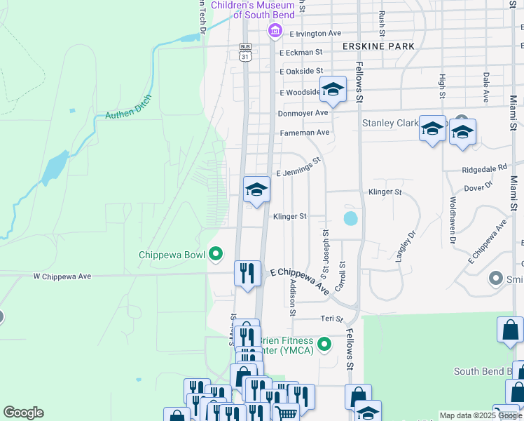map of restaurants, bars, coffee shops, grocery stores, and more near 3423 South Michigan Street in South Bend