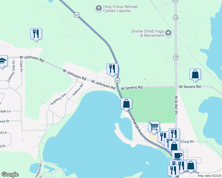 map of restaurants, bars, coffee shops, grocery stores, and more near 242 West Johnson Road in La Porte