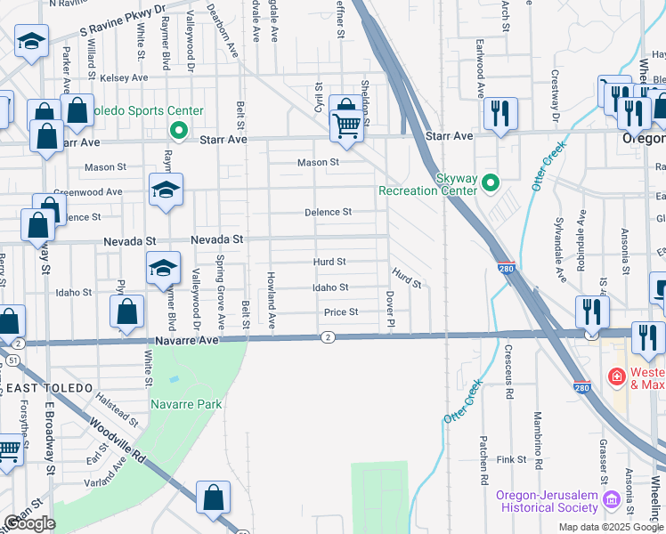 map of restaurants, bars, coffee shops, grocery stores, and more near 2022 Hurd Street in Toledo