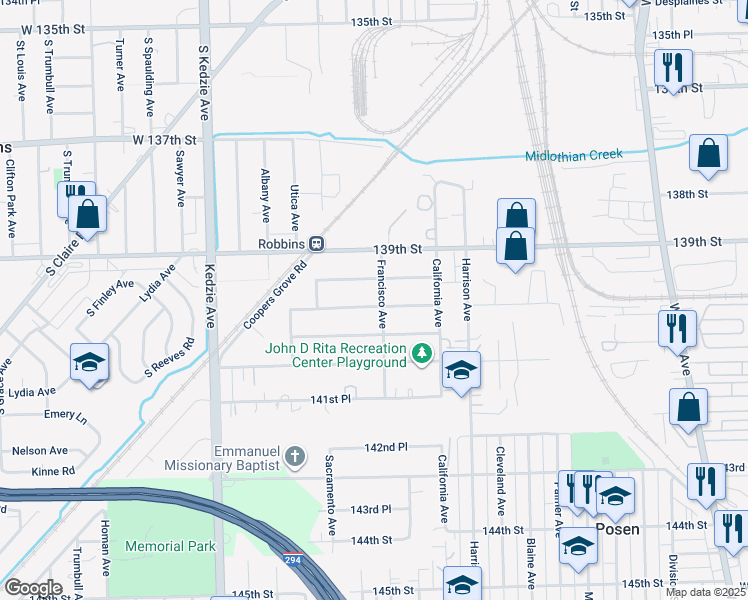map of restaurants, bars, coffee shops, grocery stores, and more near 2904 140th Street in Blue Island